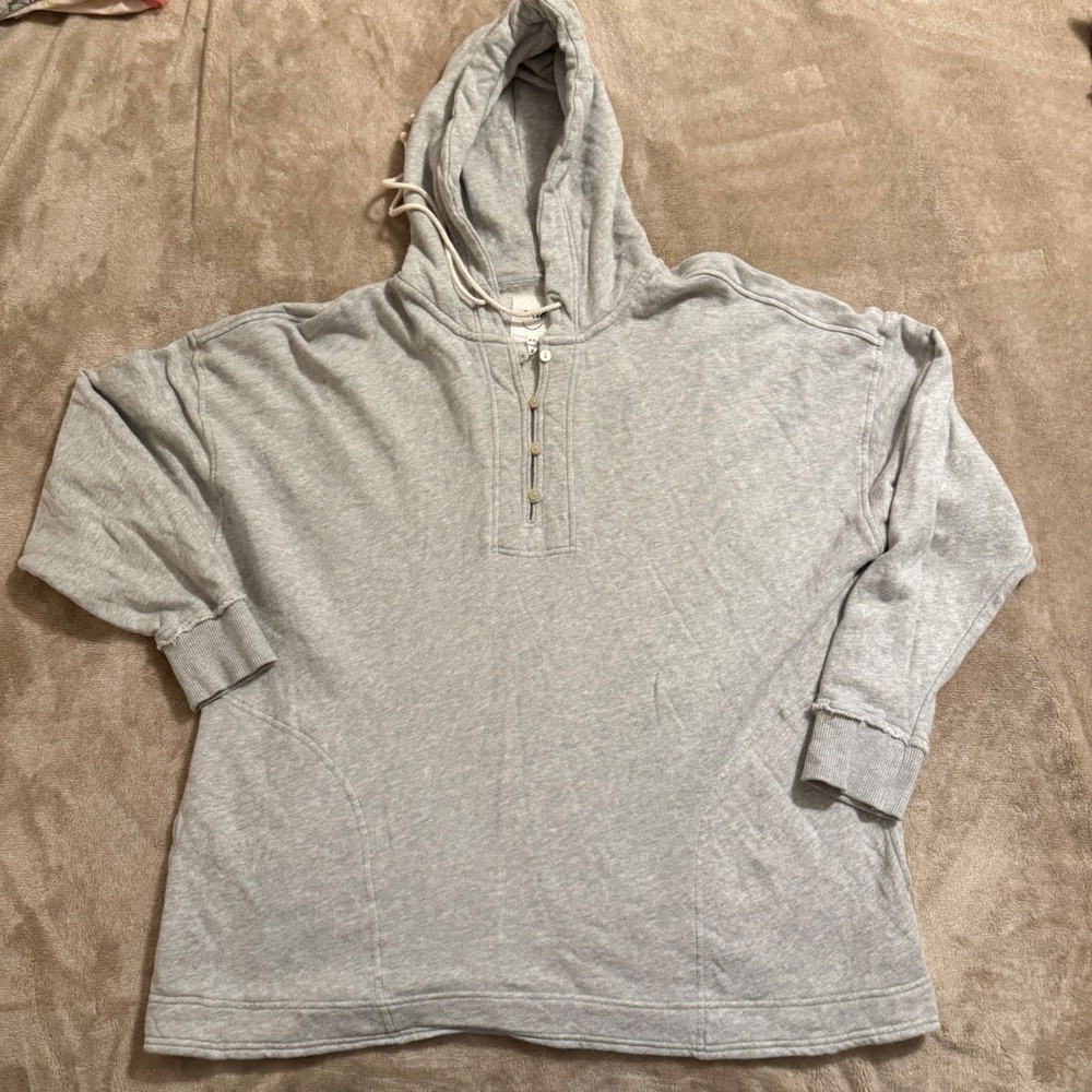 Aerie Heather Gray Henley Hoodie Relaxed Fit Cotton Pullover Womens Medium